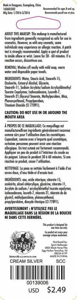 Spirit Halloween Silver Cream Makeup -Halloween ACCESSORIES store 00139006 c