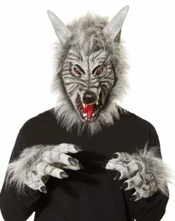Spirit Halloween Grey Faux Fur Wolf Full Mask with Hands