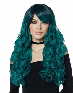 Spirit Halloween Ash Green Curly Wig with Dark Roots
