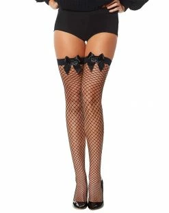 Spirit Halloween Black Bow Fishnet Thigh High Stockings