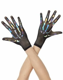 Spirit Halloween Holographic Skeleton Fishnet Gloves