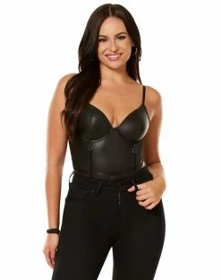 Spirit Halloween Black Pleather Lace Cup Bodysuit