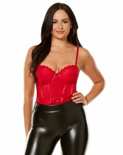 Spirit Halloween Red Pleather Lace Cup Bodysuit