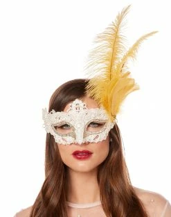 Spirit Halloween Gold Feather and Lace Eye Half Mask